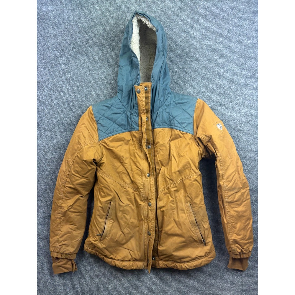KUHL Projekt Hooded Jacket Womens XS Brown Blue Fleece Lined Insulated Parka